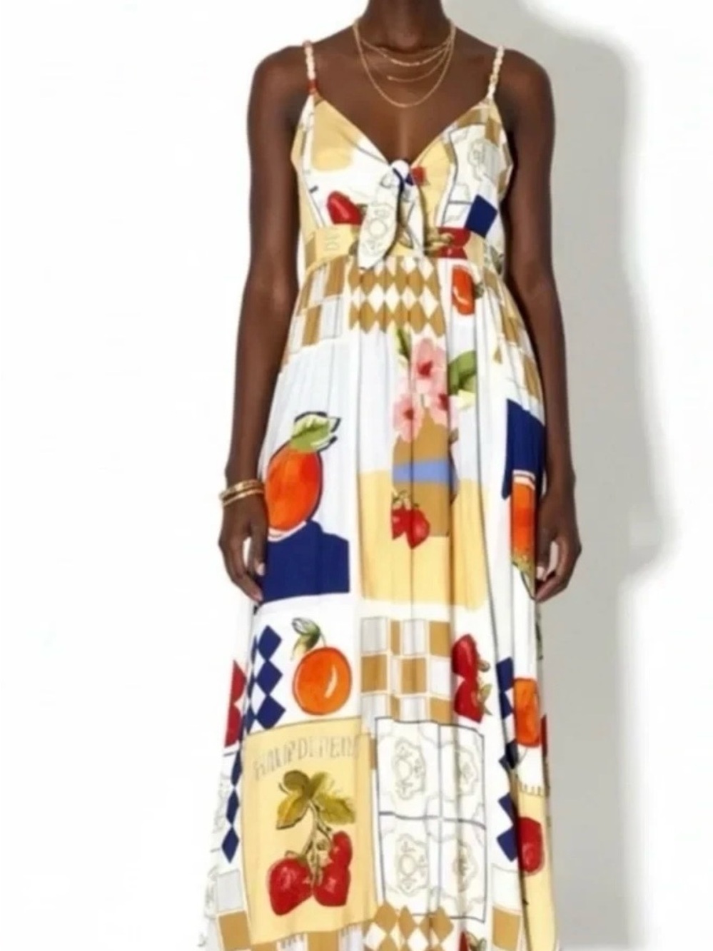 Caroline Constas White Multi Fruit-Print Tie-Front linen Maxi Dress euro large